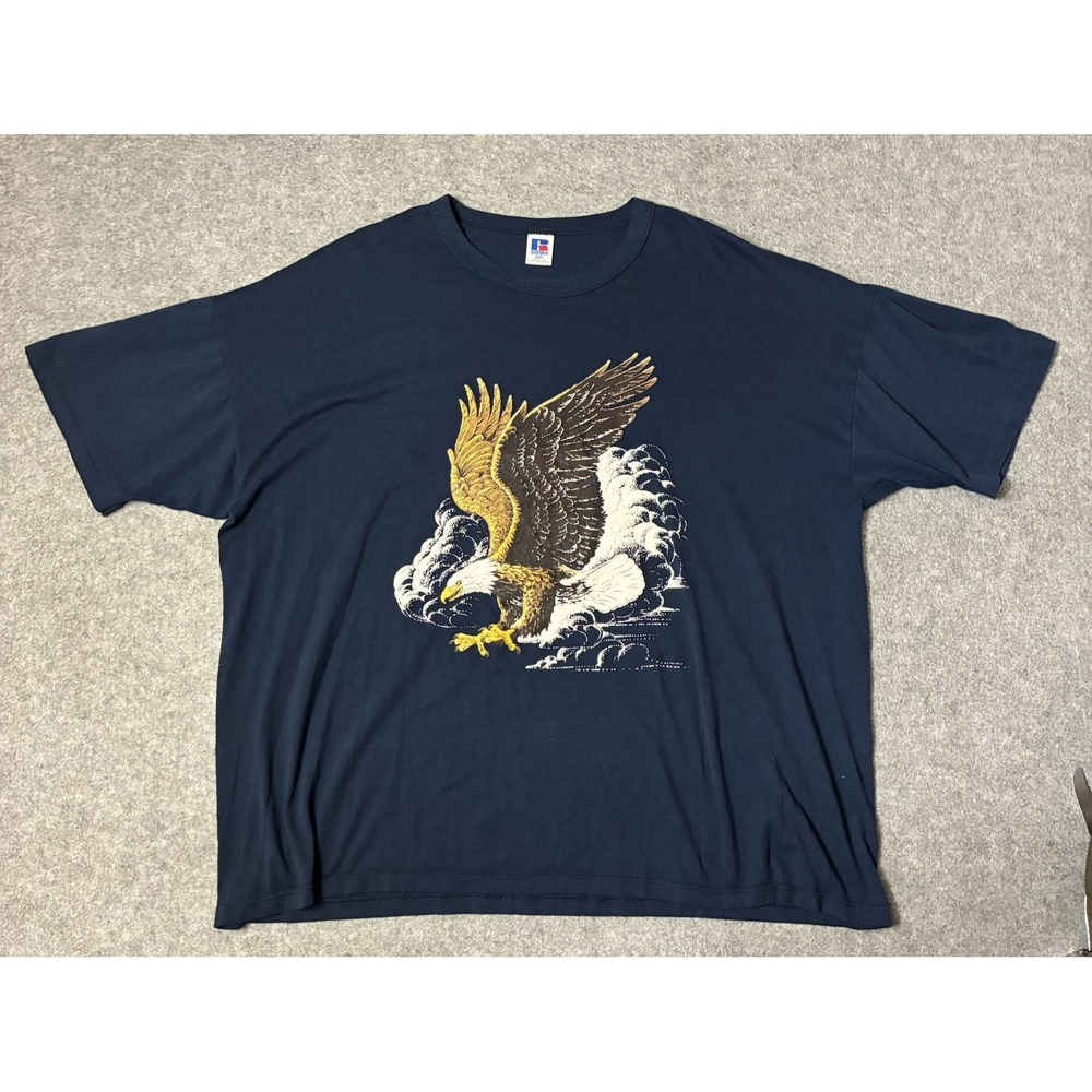 VTG Russell Athletic T Shirt Mens 3xl Navy Blue Gold Eagle Graphic Clouds USA